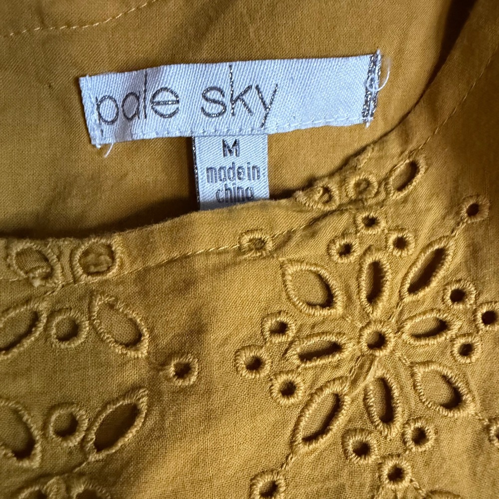 Pale Sky Top Mustard Yellow Cotton‎ Eyelet Ruffle Sleeve Button Back Boho Blouse - Picture 4 of 6